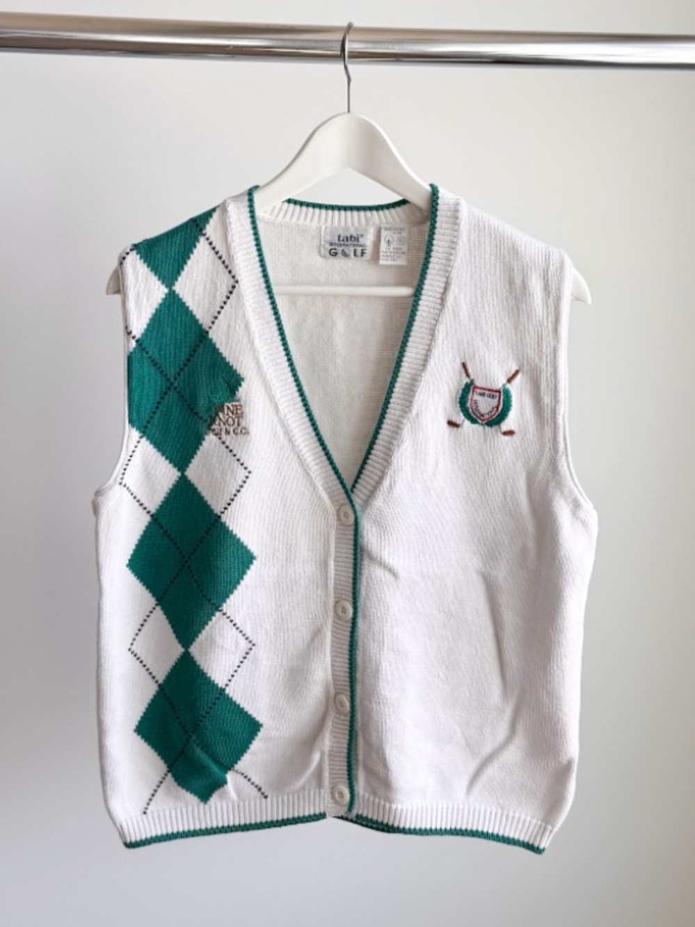 Vtg Tabi International Golf Argyle Sweater Vest S 19x22 Wht Green Pine Knot CC